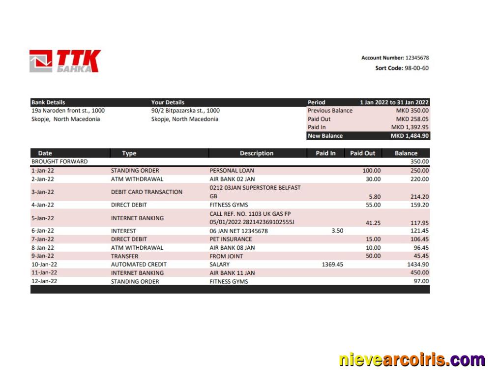 Macedonia TTK bank statement
